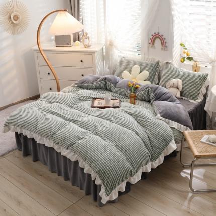 慕澄 2022新款牛奶绒剪花荷叶边四件套实拍图 奶茶绿