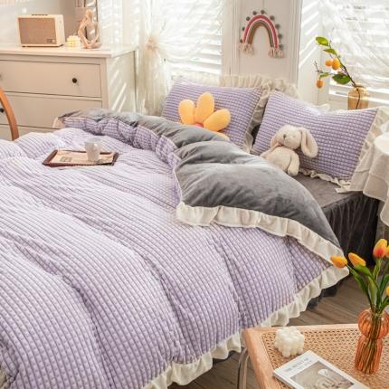 慕澄 2022牛奶绒剪花绒荷叶边四件套暖光效果图 葡萄紫