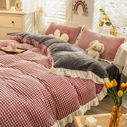 慕澄 2022牛奶绒剪花绒荷叶边四件套暖光效果图 桃桃红