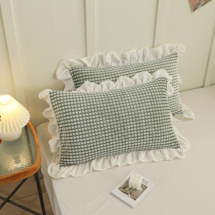 91家纺网 家纺一手货源 找家纺 慕澄 2022新款牛奶绒花边枕套48*74一对 奶茶绿
