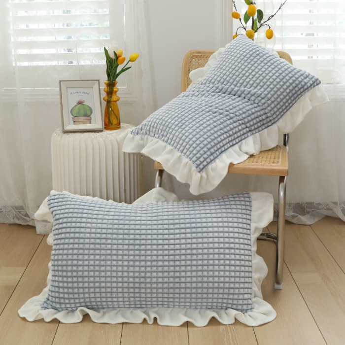 91家纺网 家纺一手货源 找家纺 慕澄 2022新款牛奶绒花边枕套48*74一对 可可蓝