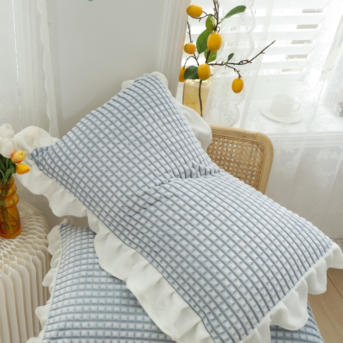 91家纺网 家纺一手货源 找家纺 慕澄 2022新款牛奶绒花边枕套48*74一对 可可蓝