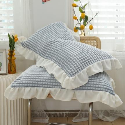 慕澄 2022新款牛奶绒花边枕套48*74一对 可可蓝