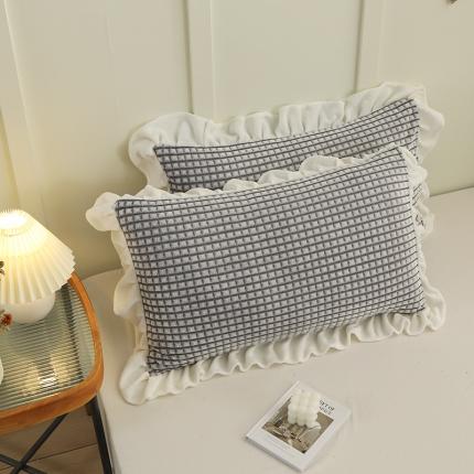 慕澄 2022新款牛奶绒花边枕套48*74一对 浪漫灰