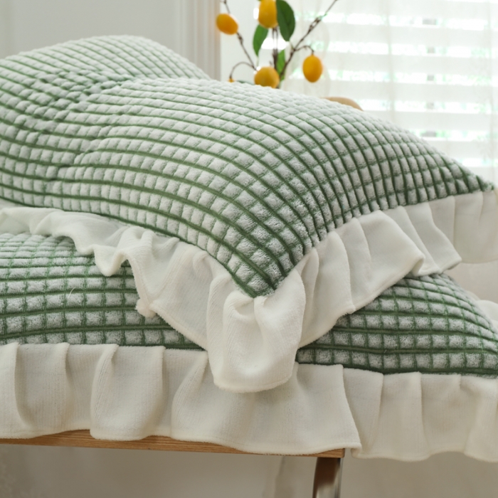 91家纺网 家纺一手货源 找家纺 慕澄 2022新款牛奶绒花边枕套48*74一对 奶茶绿