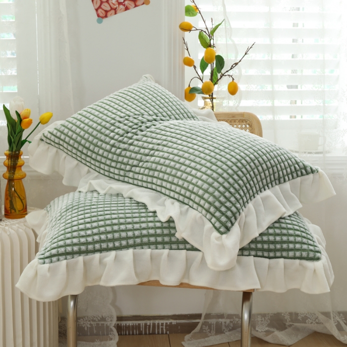 91家纺网 家纺一手货源 找家纺 慕澄 2022新款牛奶绒花边枕套48*74一对 奶茶绿