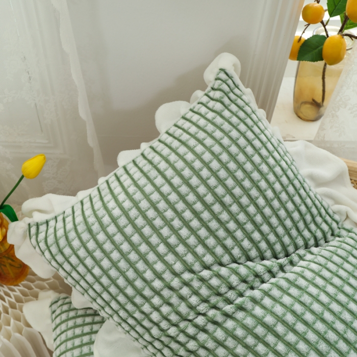 91家纺网 家纺一手货源 找家纺 慕澄 2022新款牛奶绒花边枕套48*74一对 奶茶绿