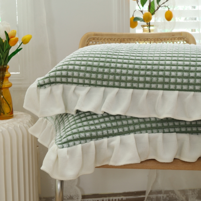 91家纺网 家纺一手货源 找家纺 慕澄 2022新款牛奶绒花边枕套48*74一对 奶茶绿