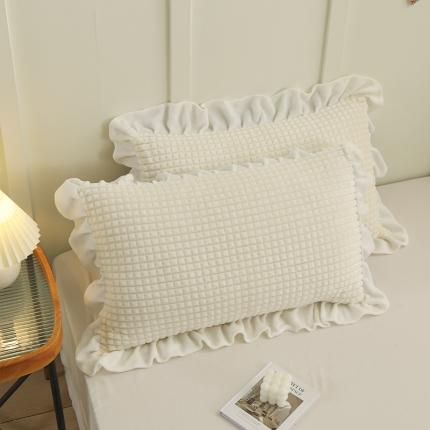 慕澄 2022新款牛奶绒花边枕套48*74一对 奶油白