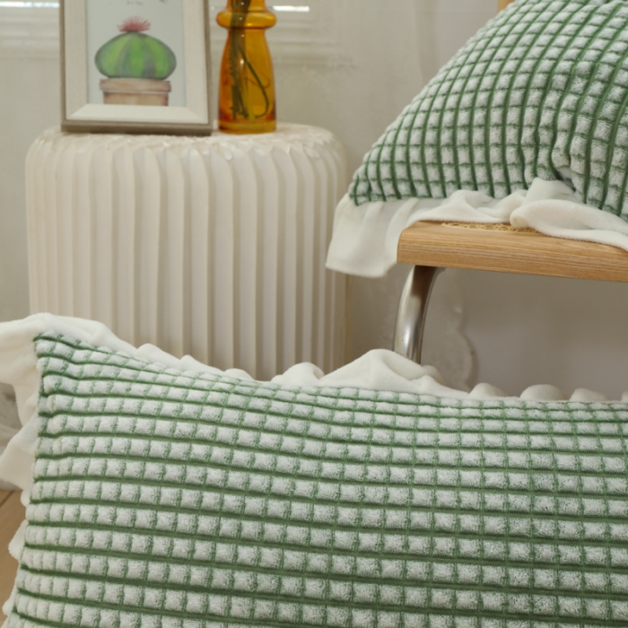 91家纺网 家纺一手货源 找家纺 慕澄 2022新款牛奶绒花边枕套48*74一对 奶茶绿