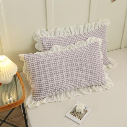 慕澄 2022新款牛奶绒花边枕套48*74一对 葡萄紫