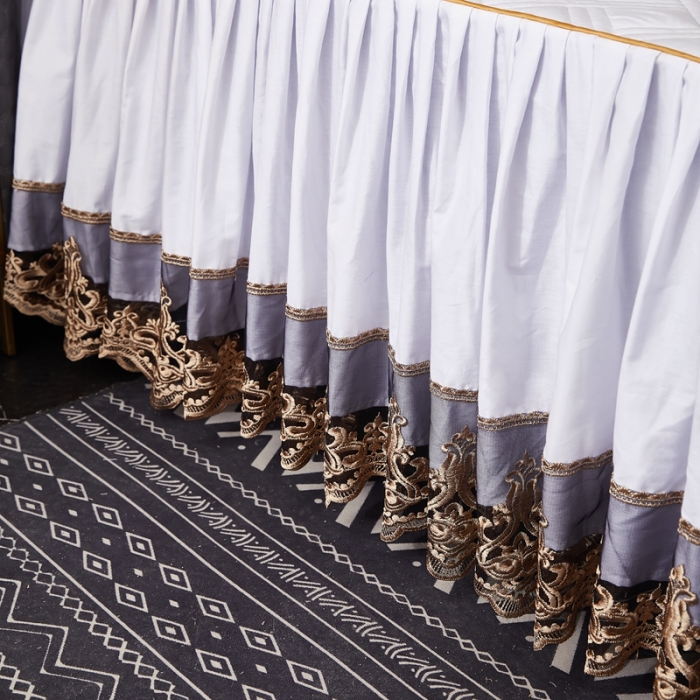 91家纺网 家纺一手货源 找家纺 衿成 2025新款全棉贴布绣花边床裙 黛丝白云白