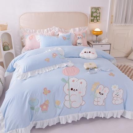 91家纺网 家纺一手货源 找家纺 2023新款纯棉全棉喷气13372公主风四件套 可萌兔-天空蓝