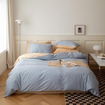 绫韵 2022新款13374全棉素色双拼系列被套 蔚蓝+浅米驼