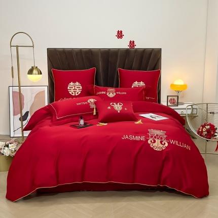 91家纺网 家纺一手货源 找家纺 总 甜咪咪2022新款60s贡缎长绒棉B版磨毛婚庆刺绣四件套