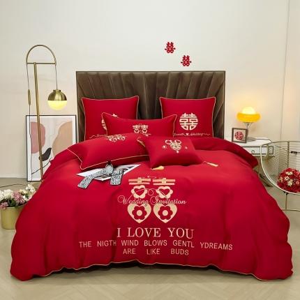 91家纺网 家纺一手货源 找家纺 总 甜咪咪2022新款60s贡缎长绒棉B版磨毛婚庆刺绣四件套