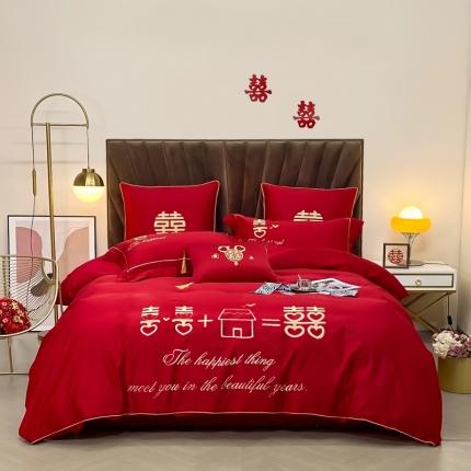 91家纺网 家纺一手货源 找家纺 总 甜咪咪2022新款60s贡缎长绒棉B版磨毛婚庆刺绣四件套