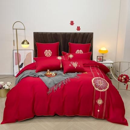 91家纺网 家纺一手货源 找家纺 总 甜咪咪2022新款60s贡缎长绒棉B版磨毛婚庆刺绣四件套