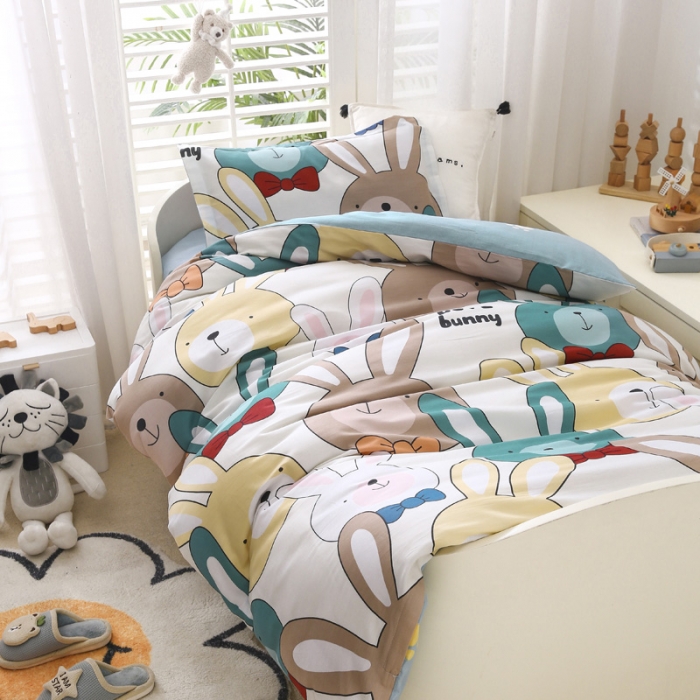 91家纺网 家纺一手货源 找家纺 绵庭家纺 2022新款幼儿园全棉多件套 多彩小兔