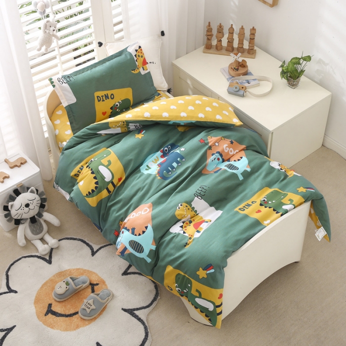 91家纺网 家纺一手货源 找家纺 绵庭家纺 2022新款幼儿园全棉多件套 恐龙家族-绿