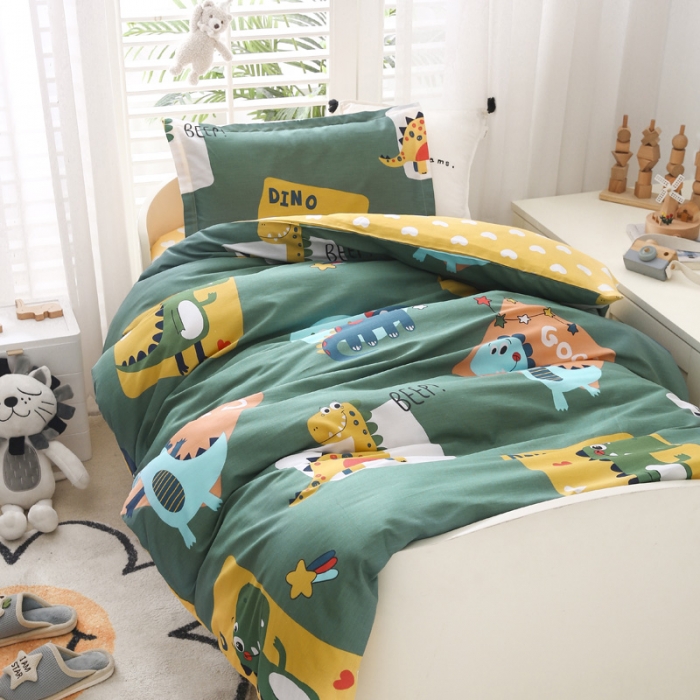 91家纺网 家纺一手货源 找家纺 绵庭家纺 2022新款幼儿园全棉多件套 恐龙家族-绿