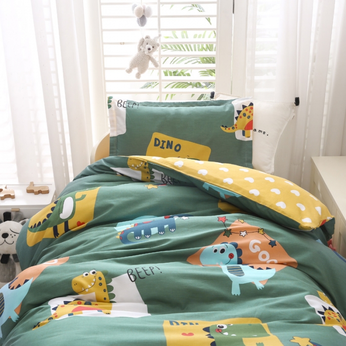 91家纺网 家纺一手货源 找家纺 绵庭家纺 2022新款幼儿园全棉多件套 恐龙家族-绿