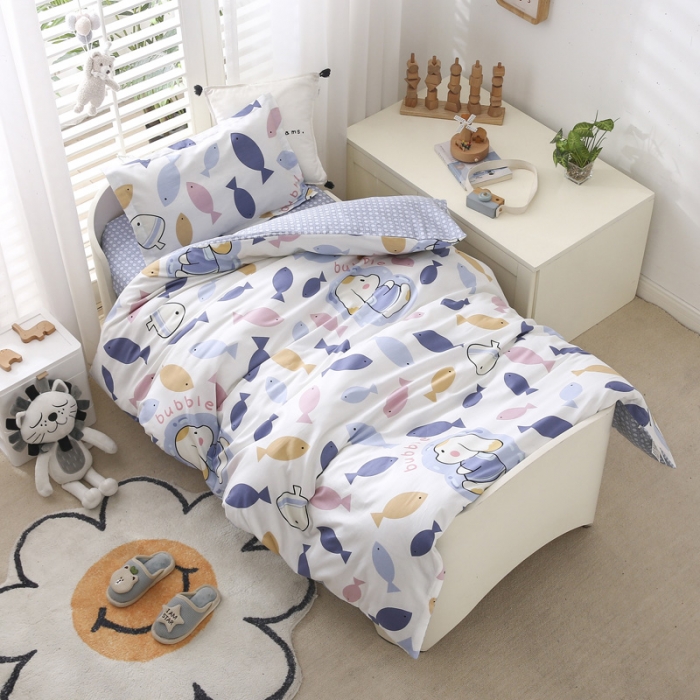 91家纺网 家纺一手货源 找家纺 绵庭家纺 2022新款幼儿园全棉多件套 鱼泡泡