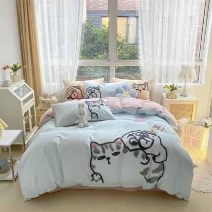 91家纺网 家纺一手货源 找家纺 鼎飞 2022新款全棉水洗棉卡通大板绣花四件套朵奇-青粉