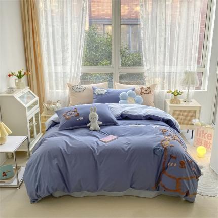 91家纺网 家纺一手货源 找家纺 鼎飞 2022新款全棉水洗棉卡通大板绣花四件套可妮-密蓝