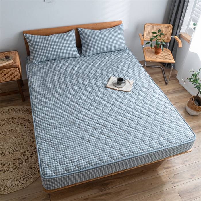 91家纺网 家纺一手货源 找家纺 蓝巢 2022新款全棉水洗棉加棉床笠 蓝小格