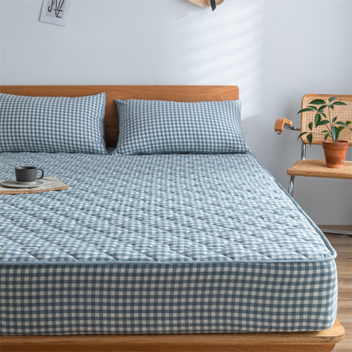 91家纺网 家纺一手货源 找家纺 蓝巢 2022新款全棉水洗棉加棉床笠 蓝小格