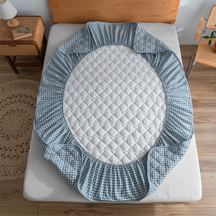 91家纺网 家纺一手货源 找家纺 蓝巢 2022新款全棉水洗棉加棉床笠 蓝小格