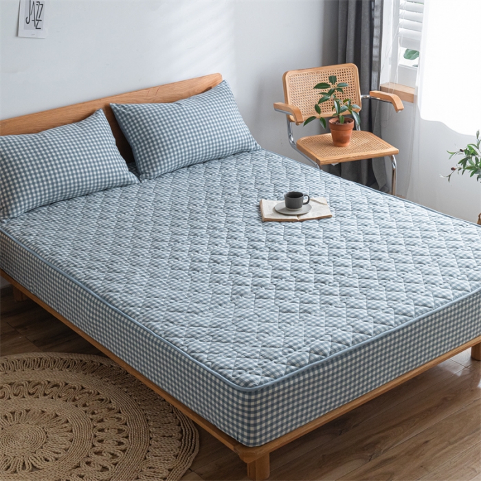 91家纺网 家纺一手货源 找家纺 蓝巢 2022新款全棉水洗棉加棉床笠 蓝小格