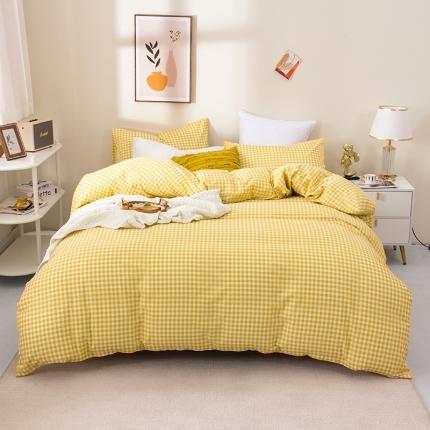 91家纺网 家纺一手货源 找家纺 柠萌 2022新款全棉13372无印良品风格北欧风四件套 萌黄小格