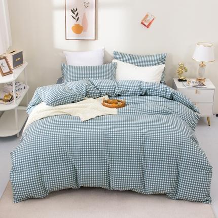 91家纺网 家纺一手货源 找家纺 柠萌 2022新款全棉13372无印良品风格北欧风四件套 萌蓝小格