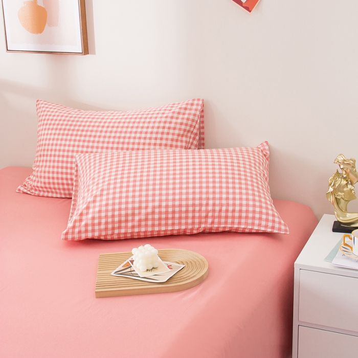 91家纺网 家纺一手货源 找家纺 柠萌 2022新款全棉13372无印良品风格北欧风四件套 萌粉小格