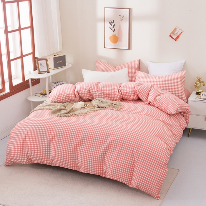 91家纺网 家纺一手货源 找家纺 柠萌 2022新款全棉13372无印良品风格北欧风四件套 萌粉小格