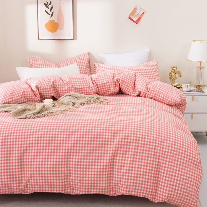 91家纺网 家纺一手货源 找家纺 柠萌 2022新款全棉13372无印良品风格北欧风四件套 萌粉小格