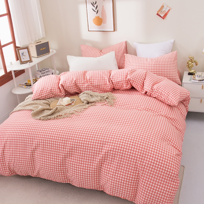 91家纺网 家纺一手货源 找家纺 柠萌 2022新款全棉13372无印良品风格北欧风四件套 萌粉小格