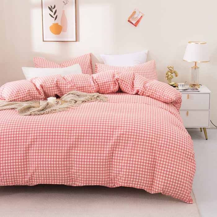 91家纺网 家纺一手货源 找家纺 柠萌 2022新款全棉13372无印良品风格北欧风四件套 萌粉小格