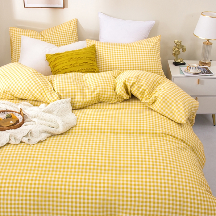 91家纺网 家纺一手货源 找家纺 柠萌 2022新款全棉13372无印良品风格北欧风四件套 萌黄小格