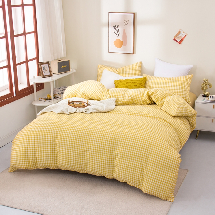 91家纺网 家纺一手货源 找家纺 柠萌 2022新款全棉13372无印良品风格北欧风四件套 萌黄小格