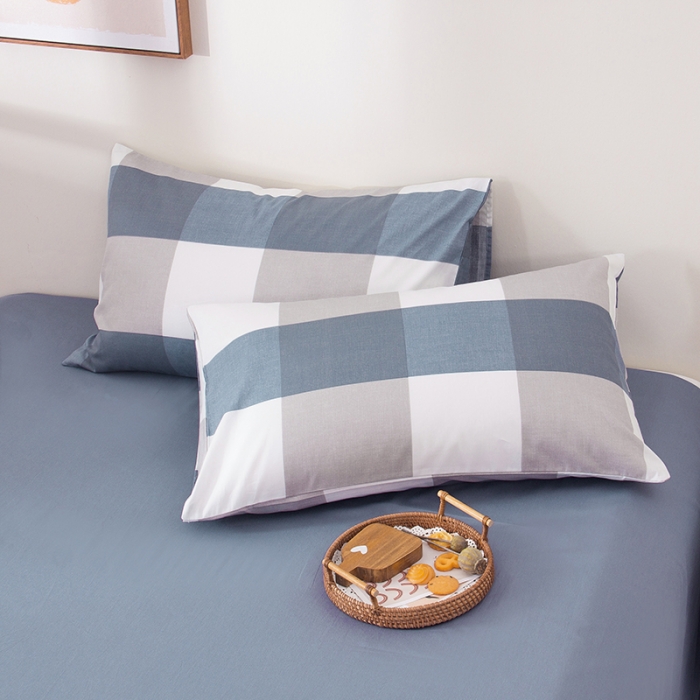 91家纺网 家纺一手货源 找家纺 柠萌 2022新款全棉13372无印良品风格北欧风四件套 萌蓝大格