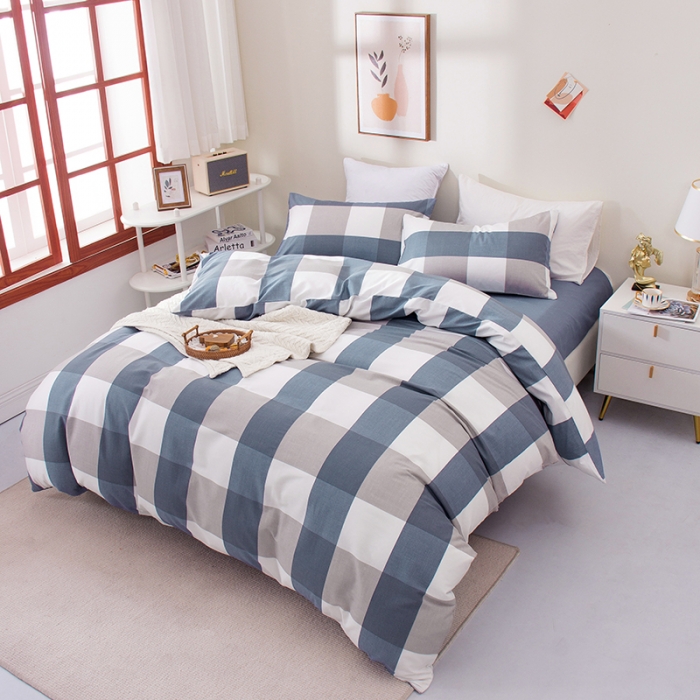 91家纺网 家纺一手货源 找家纺 柠萌 2022新款全棉13372无印良品风格北欧风四件套 萌蓝大格