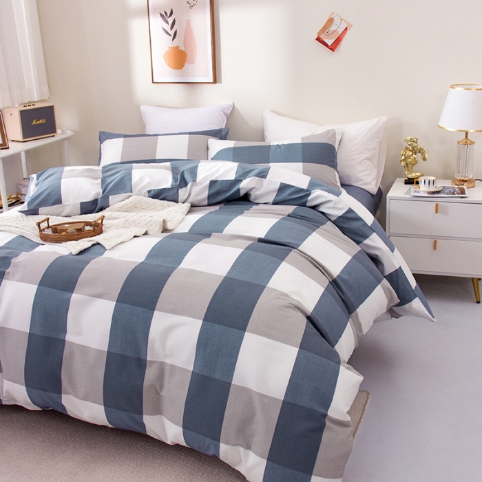 91家纺网 家纺一手货源 找家纺 柠萌 2022新款全棉13372无印良品风格北欧风四件套 萌蓝大格