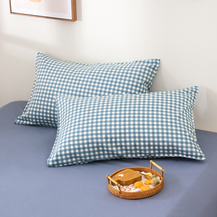 91家纺网 家纺一手货源 找家纺 柠萌 2022新款全棉13372无印良品风格北欧风四件套 萌蓝小格