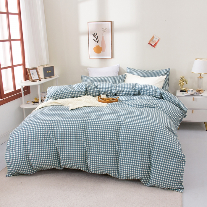 91家纺网 家纺一手货源 找家纺 柠萌 2022新款全棉13372无印良品风格北欧风四件套 萌蓝小格