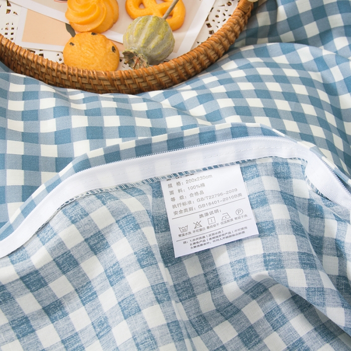 91家纺网 家纺一手货源 找家纺 柠萌 2022新款全棉13372无印良品风格北欧风四件套 萌蓝小格