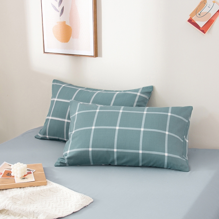 91家纺网 家纺一手货源 找家纺 柠萌 2022新款全棉13372无印良品风格北欧风四件套 萌浅蓝大格