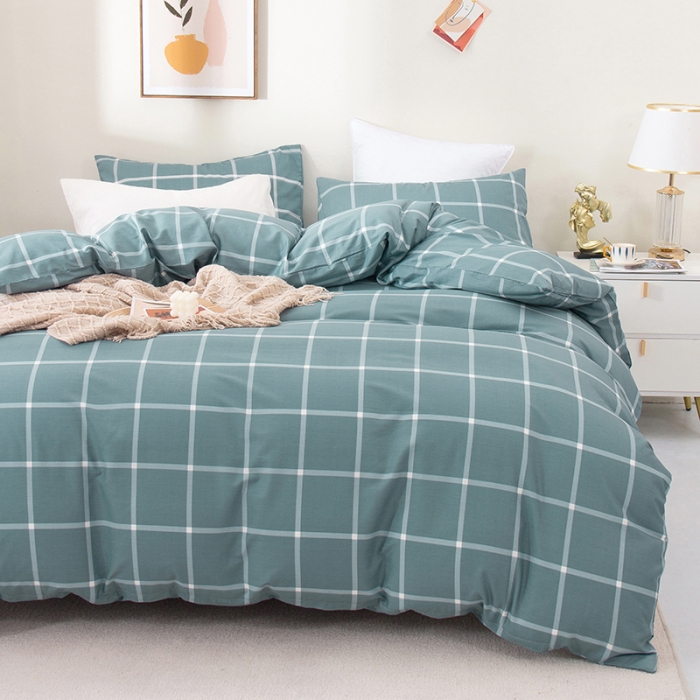 91家纺网 家纺一手货源 找家纺 柠萌 2022新款全棉13372无印良品风格北欧风四件套 萌浅蓝大格